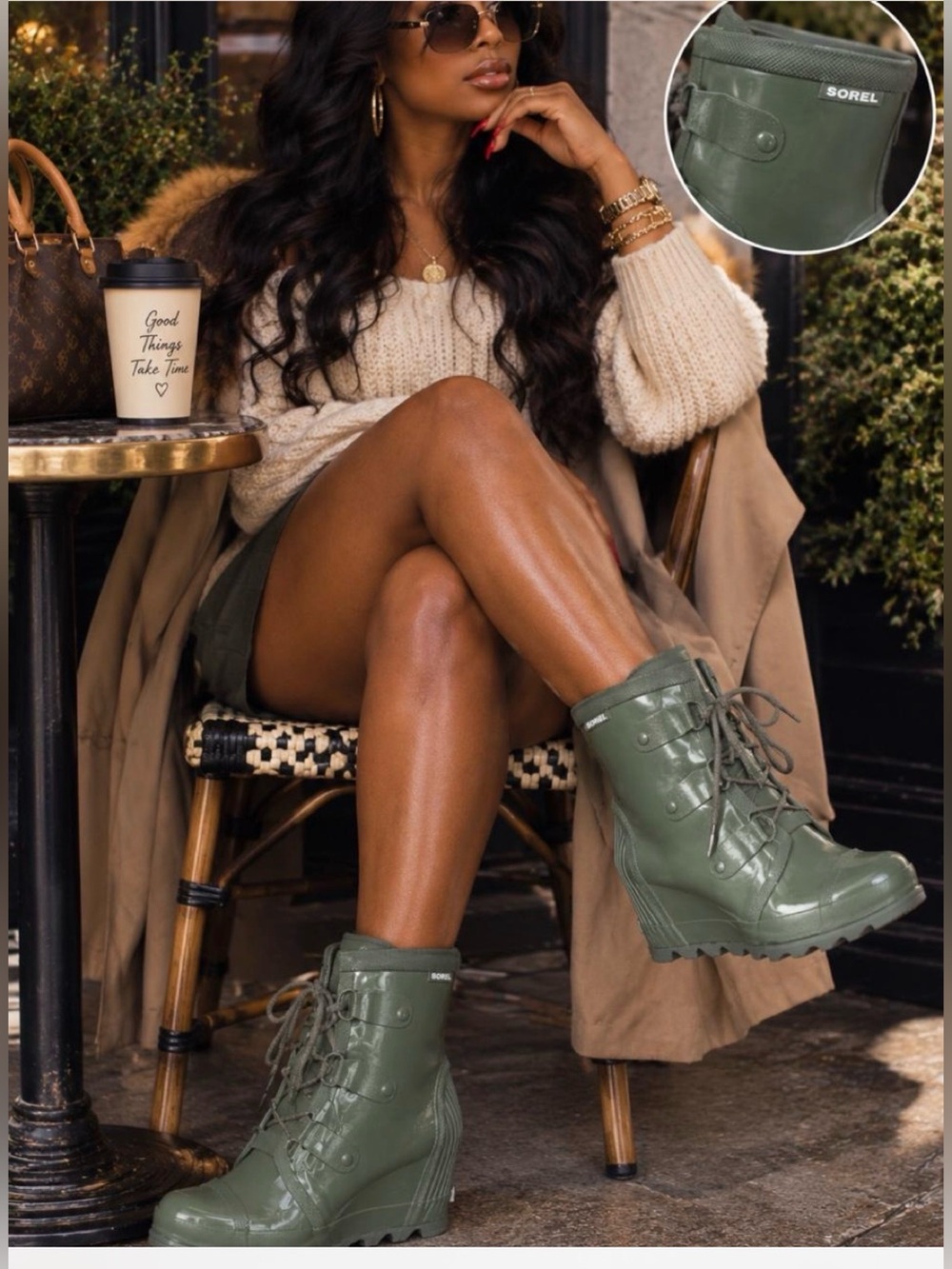 SOREL Joan Rain Wedge Boots Olive Green NL2442-383 Waterproof Women’s 9.5